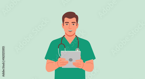 Male doctor in scrubs holding a tablet,  facing forward,  in a simple, flat design.
