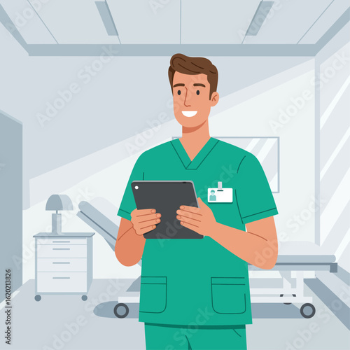 Smiling medical professional using a tablet in a modern clinic.