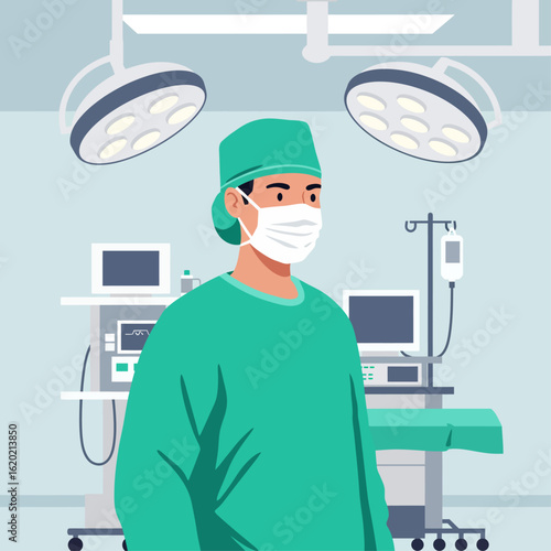 Skilled Surgeon in Operating Room, Prepared for Complex Medical Procedures with Advanced Equipment
