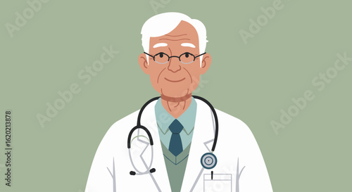 Stylized portrait of a friendly senior male doctor with a stethoscope. Experienced physician character illustration for healthcare concepts.