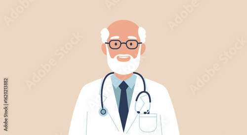 Friendly senior doctor with a stethoscope, a vector graphic. Portrait illustration of an experienced male medical professional.