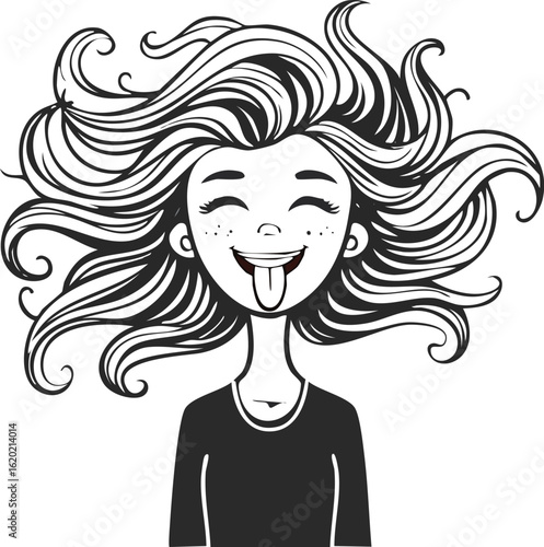 Cartoon illustration showcasing a girl with wild hair playfully sticking her tongue out