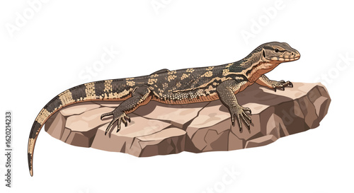 Lizard illustration. Detailed drawing of a monitor lizard resting on a rock with intricate scales, natural texture, and realistic posture. Reptile and wildlife concept. Vector artwork.