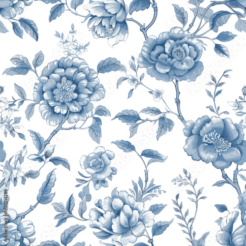 Floral Blue Chinoiserie. Toile De Jouy Vintage Seamless Pattern 11 Elegant Vector Graphics. Featuring delicate florals, buds and romantic motifs, this seamless pattern is crafted to perfection.