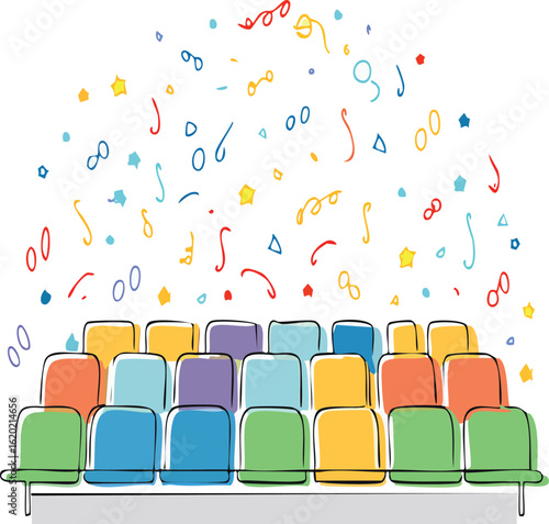 Colorful Celebration in a Theater with Confetti, Vector Illustration, and Seating