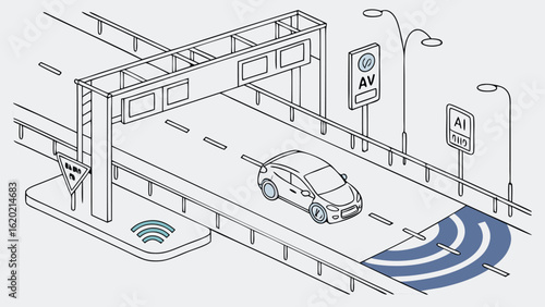 Illustration of a self driving car on a highway with overhead signage and road sensors showcasing av technology