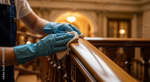 Person in blue gloves cleaning a wooden banister with a cloth