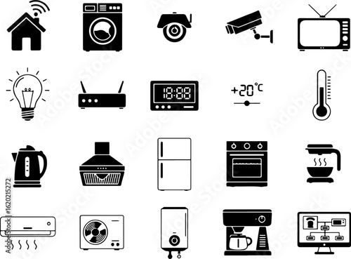 Vector art of smart home appliance icons for modern living, isolated on white background