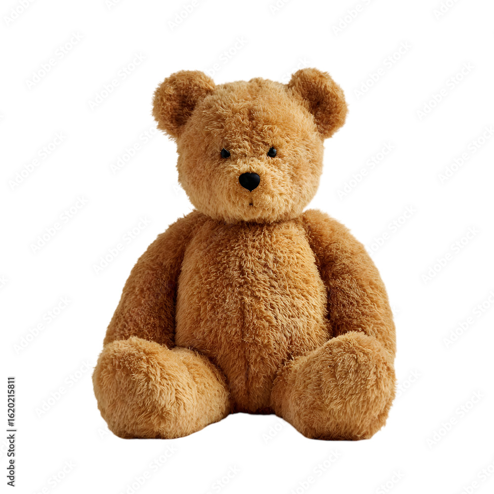 Obraz premium Adorable fluffy brown teddy bear toy sitting and looking forward isolated on transparent background