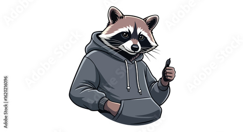 Animal mascot illustration. Anthropomorphic raccoon character wearing a hoodie giving a thumbs up gesture. Friendly and casual wildlife concept.