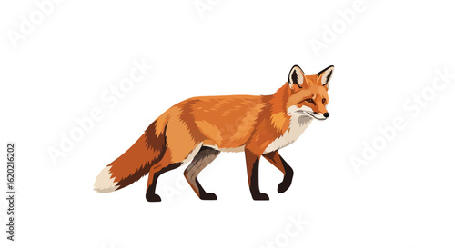Wildlife illustration. Realistic red fox in side profile walking with detailed fur texture, pointed ears, and bushy tail. Nature and forest animal concept. Vector graphic.