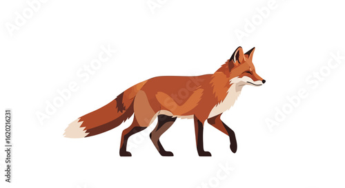 Wildlife illustration of a red fox. Detailed depiction of a walking fox with distinct fur pattern, bushy tail, and sharp features. Nature and animal concept. Vector graphic.