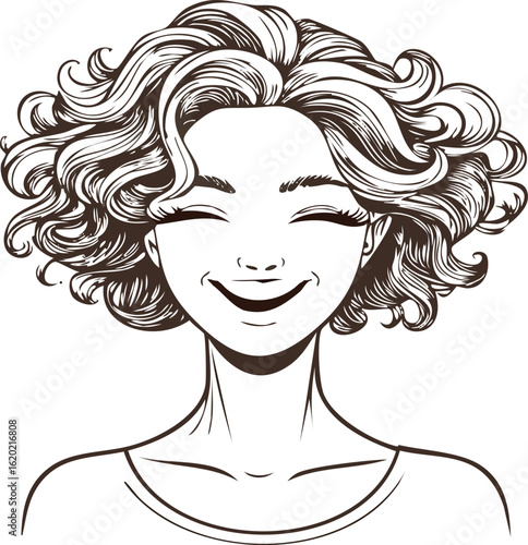 Smiling woman portrait with curly hair in linear drawing, calm and contentment