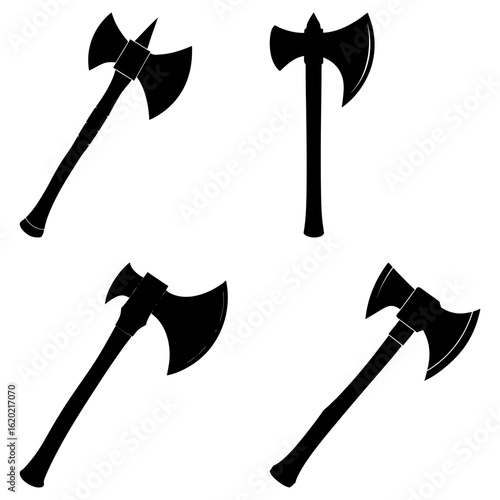 Four black silhouette images of double bladed axes with wooden handles on a white background display axes