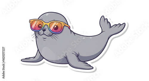 Playful Grey Seal with Rainbow Sunglasses Pixel Art Illustration