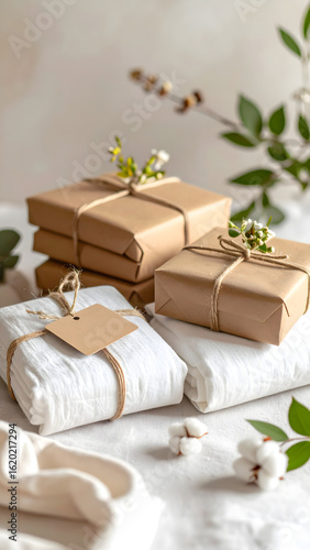 White cotton fabrics with kraft paper gift boxes and dried flowers, eco-friendly product display

