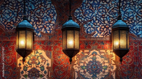 Ornate Lanterns Hanging Against Intricate Persian Patterned Background