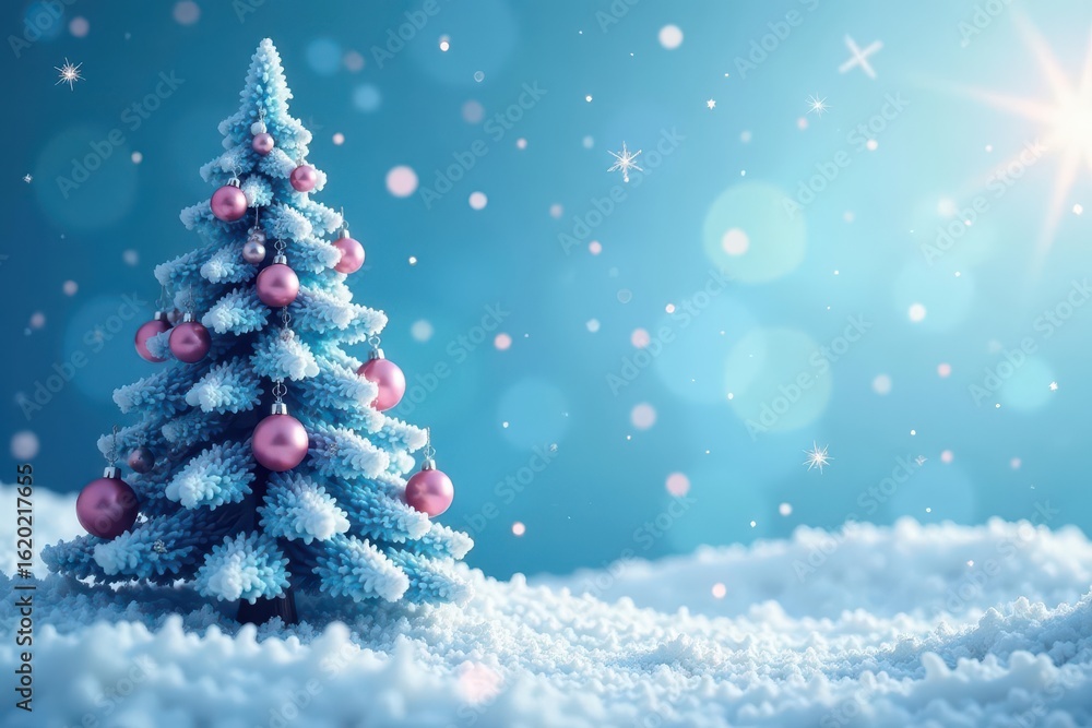 Snowy landscape featuring a majestic icy blue tree adorned with delicate pink ornaments and sparkling silver stars , ornamented, silver Snowy landscape featuring a majestic icy blue tree adorned with delicate pink ornaments and sparkling silver stars , ornamented, silver