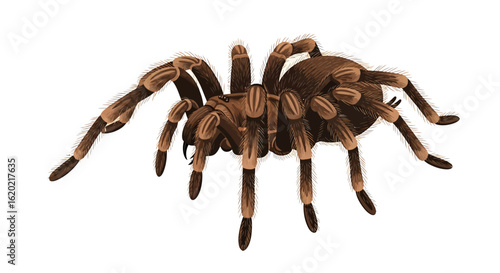 Tarantula spider illustration. Detailed close-up depiction of a brown hairy tarantula with realistic leg textures and segmented body anatomy. Wildlife and nature concept. Vector graphic.