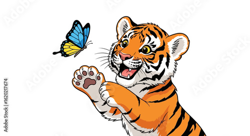 Animal illustration. Cute tiger cub interacts with vibrant butterfly, showing playful behavior and joyful expression. Wildlife and nature design concept. Vector artwork.