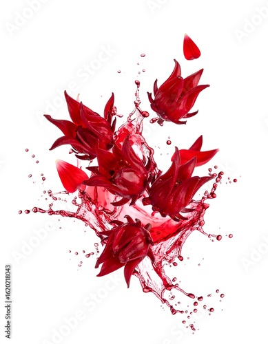 Red Hibiscus Flowers Splashing Juice Isolated White Background