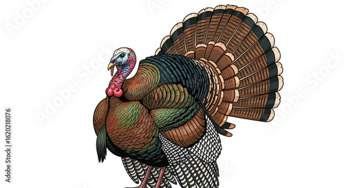 Wild turkey illustration. Detailed artwork showing full-body profile of a colorful turkey with realistic textured feathers, intricate patterns, and natural pose. Wildlife and Thanksgiving concept.