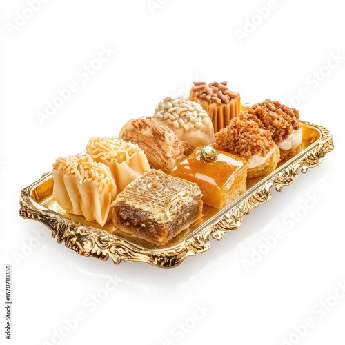 Assorted Persian Sweets on Ornate Gold Tray: Close-up Studio Shot of Traditional Baklava, Cookies, and Confectionery
