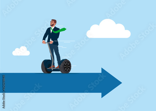 Businessman on a Segway walking on arrow in wrong opposite direction of trend arrow. Modern vector illustration in flat style
