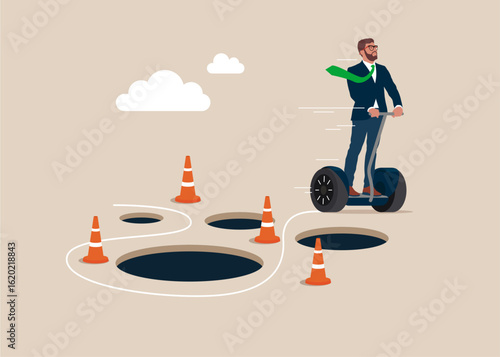 Businessman on a Segway pass many pitfalls to achieve finish. Flat vector illustration