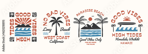 A set of surf theme vector designs with waves, palm trees, and sunsets. Perfect for apparel graphics and coastal designs.