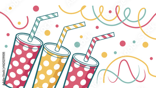 Polka Dot Party Cups with Straws Festive Illustration Design Graphic Cute Cartoon Style Fun Celebration Drinks
