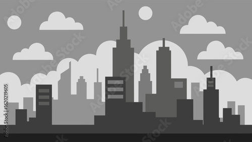 Grayscale City Skyline SVG Vector with Moody Cloudy Atmosphere