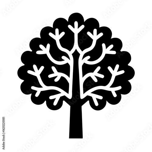 Stylized silhouette of a tree with rounded crown and branching limbs