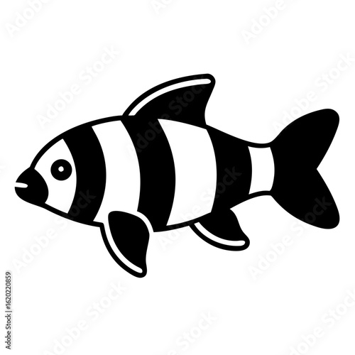 Stylized black and white clownfish with bold stripes swimming to the right