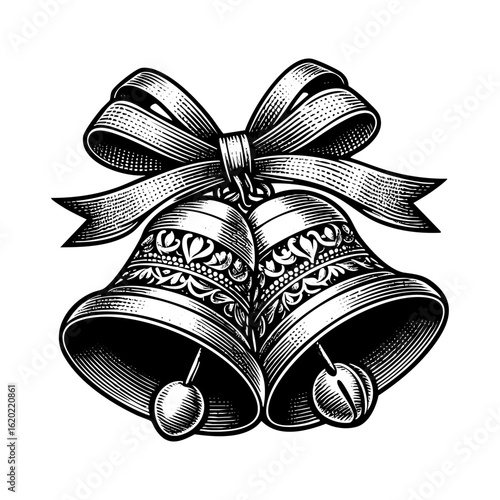 Christmas bell sketch  engraving black and white outline. Scratch board imitation.  illustrated in vintage line art style on a white background.