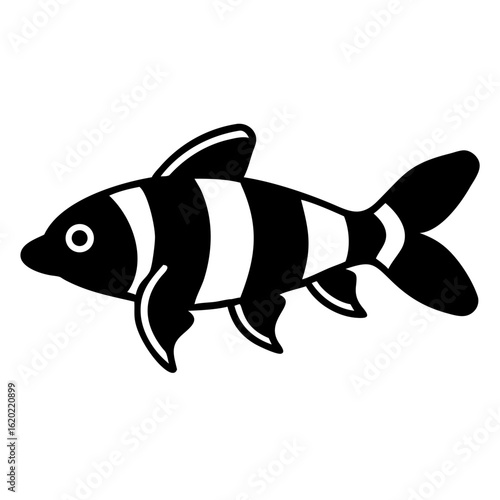 Black and white striped fish illustration with simple design and fins