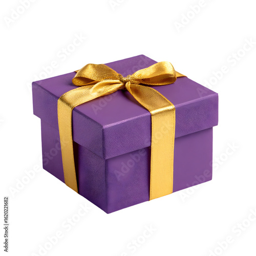 Elegant purple gift box with ornate embossed pattern and gold ribbon bow isolated on transparent background
