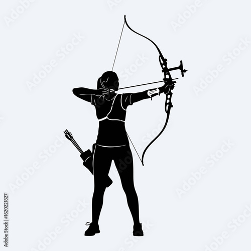 Silhouette of a female archery athlete on a white background
