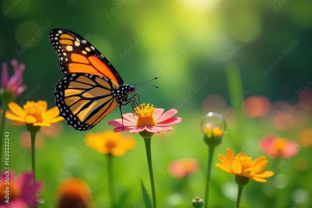Naklejka premium A monarch butterfly sips nectar from a colorful wildflower amidst a lush meadow, nature, insect, outdoors