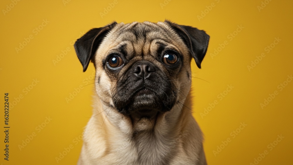 Obraz premium Confused pug with tilted head, question mark expression, yellow background