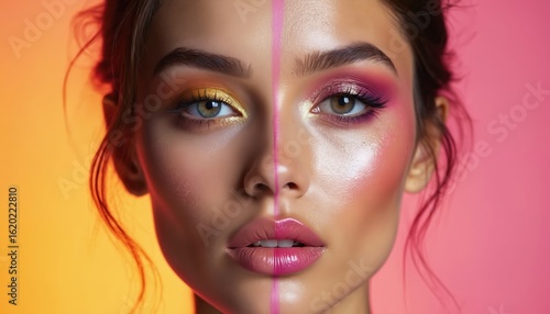 Wallpaper Mural Split image of a woman face showing natural beauty side vs vibrant glam makeup. Detailed skin texture, eye makeup contrast, lip color gradient. Warm yellow to pink background. Torontodigital.ca