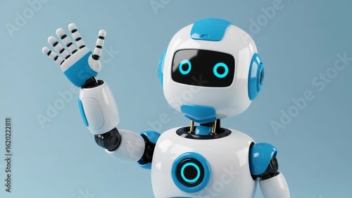 Friendly robot waves hello a white figure against light blue Futuristic technology is showcased with smooth shiny materials