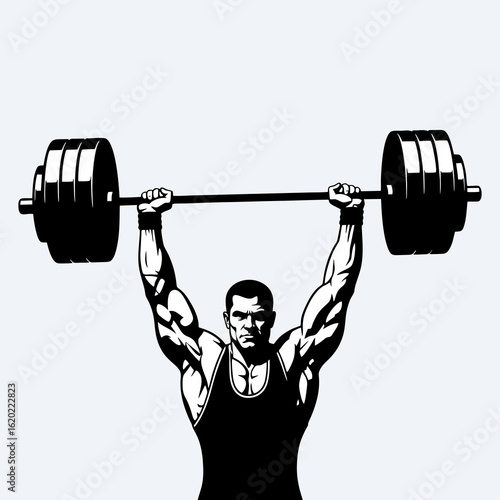 Silhouette of a man lifting weights on a white background