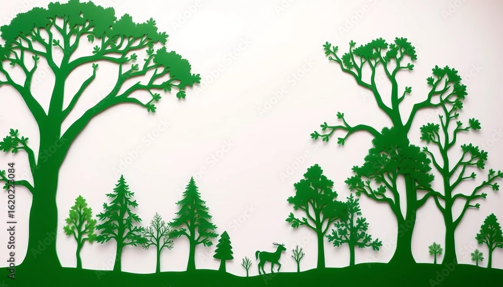 Fototapeta premium Intricate green paper cut tree silhouettes on white backdrop, card, woodland