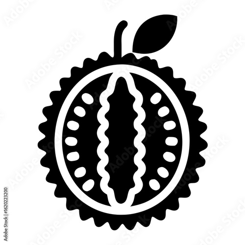 Stylized Durian Fruit Slice with Stem and Leaf Black Silhouette Illustration