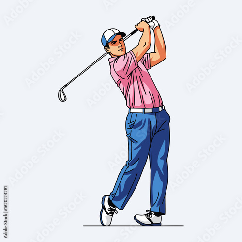 A man plays golf against a white background
