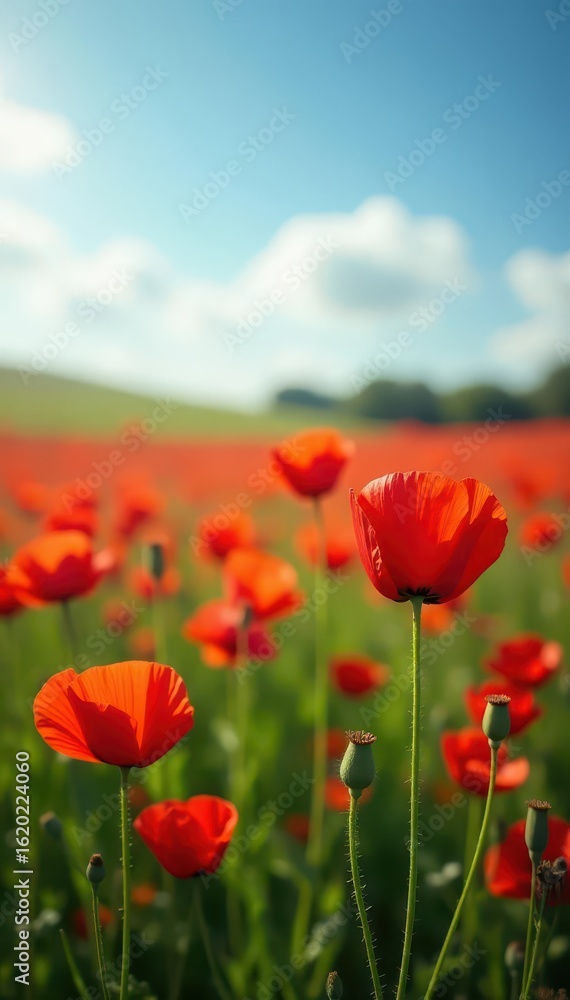 Fototapeta premium Field of vibrant red poppies swaying gently in the breeze, sunny day, countryside, landscape