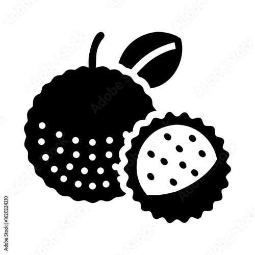 Black and white illustration of a whole and halved rambutan fruit