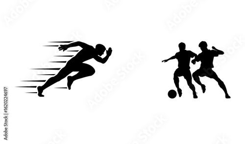Black silhouette graphic features running and soccer poses. Perfect for sports branding, logo design, vector templates.