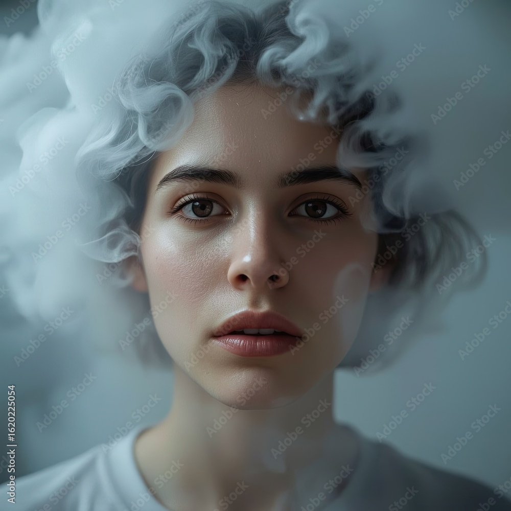 Fototapeta premium A serene young woman with wavy hair surrounded by a soft, smoky haze, capturing a moment of contemplation.